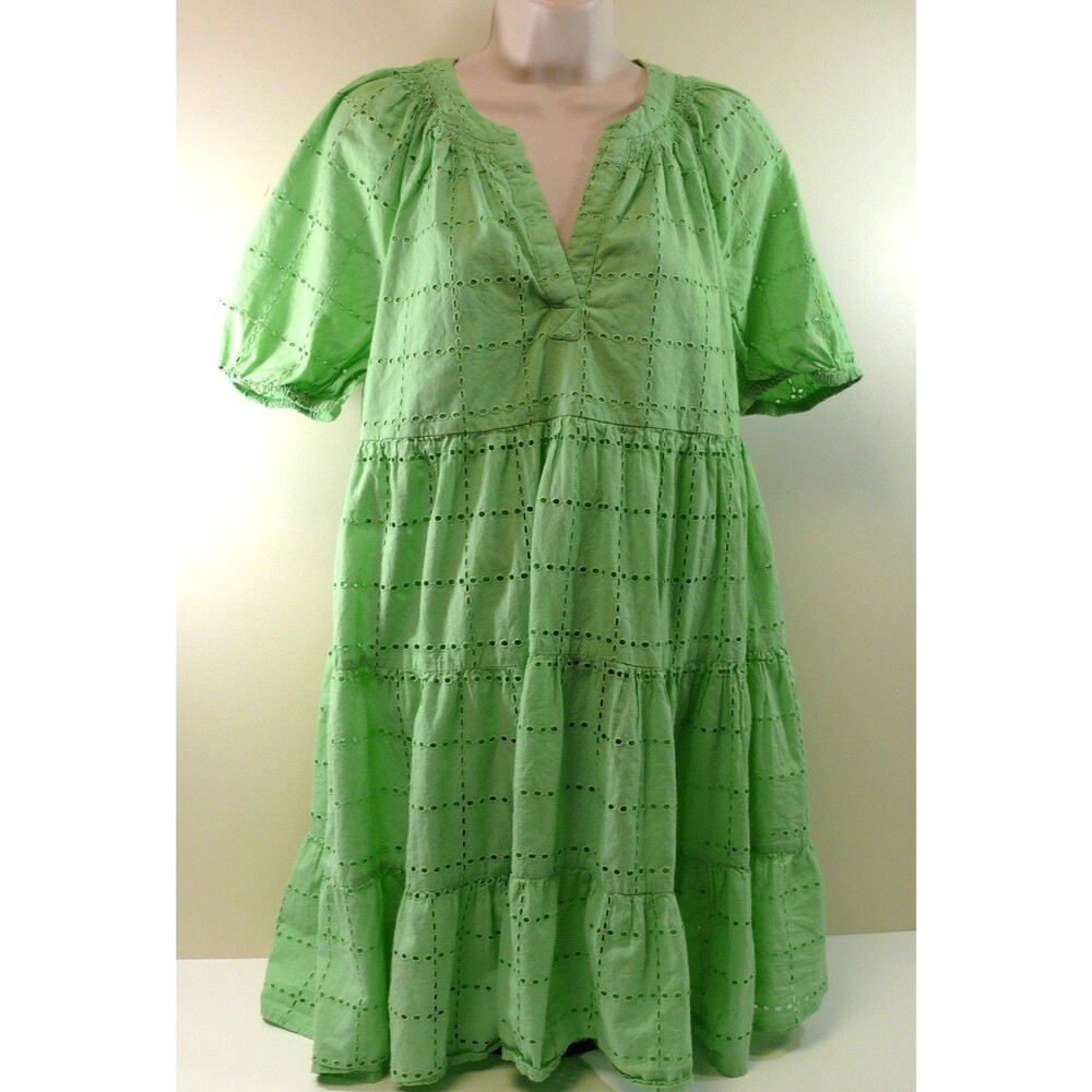 Crown & Ivy Green Eyelet Cotton Tiered Midi Dress tunic lined Short sleeve SMALL